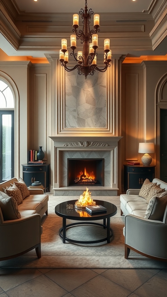 A cozy luxury bedroom featuring a fireplace, plush seating, and elegant decor.