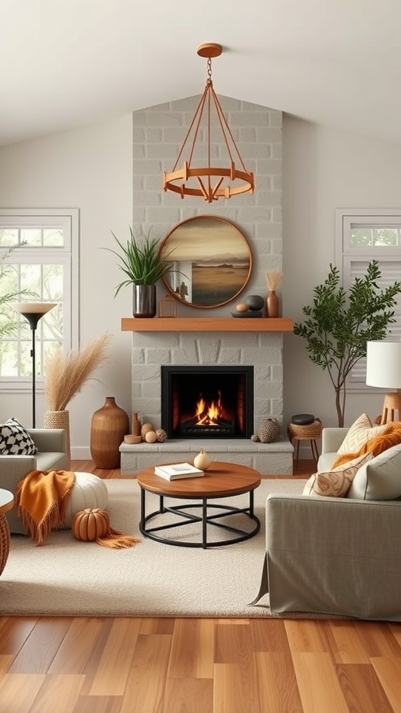 Cozy living room with a modern fireplace, earthy decor, and comfortable seating.