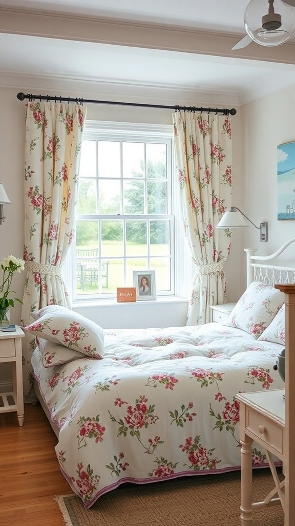 A cozy cottage bedroom featuring floral bedding and curtains, with a bright window and a small nightstand.