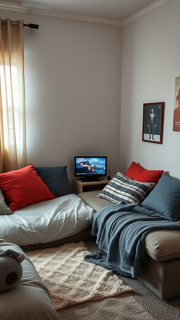 Cozy gaming nook with soft cushions, a small screen, and warm natural light.