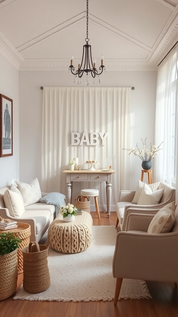 Cozy living room setup for a neutral baby shower with seating, decor, and a 'BABY' sign.