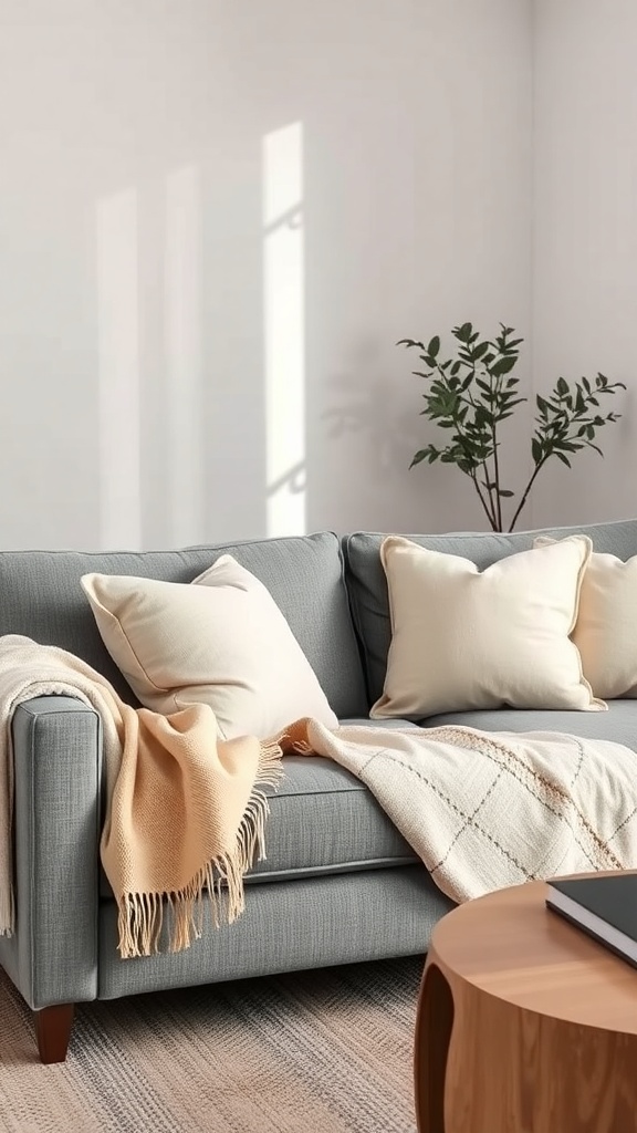 Cozy gray sofa with beige accents, throw pillows, and a plant in a bright living room