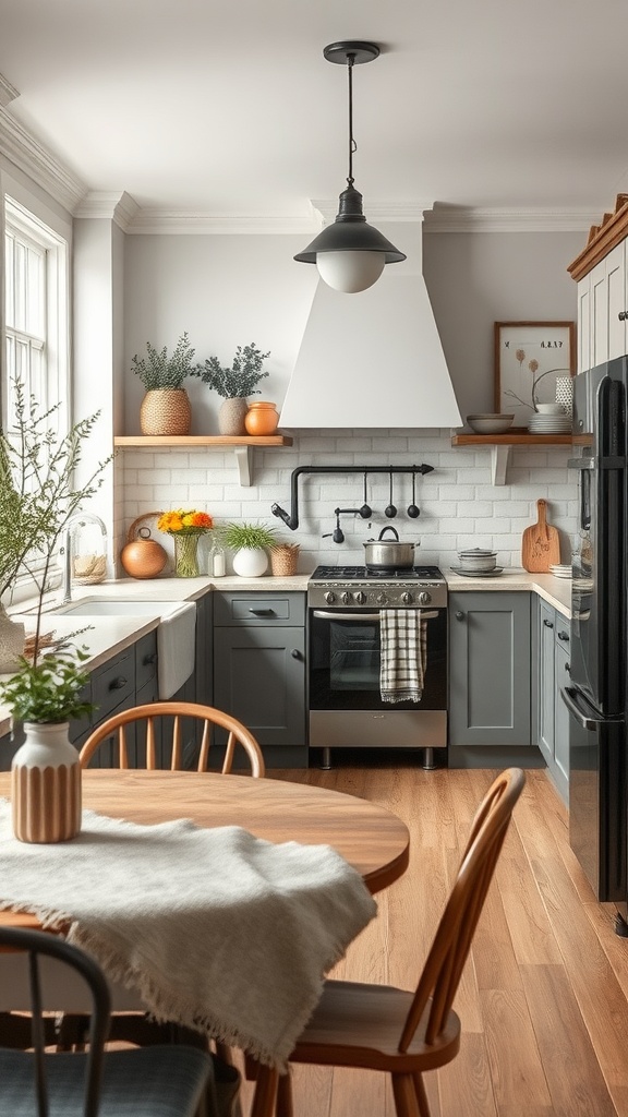 A cozy grey farmhouse kitchen featuring grey cabinetry, wooden shelves, a round dining table, and natural decor elements.