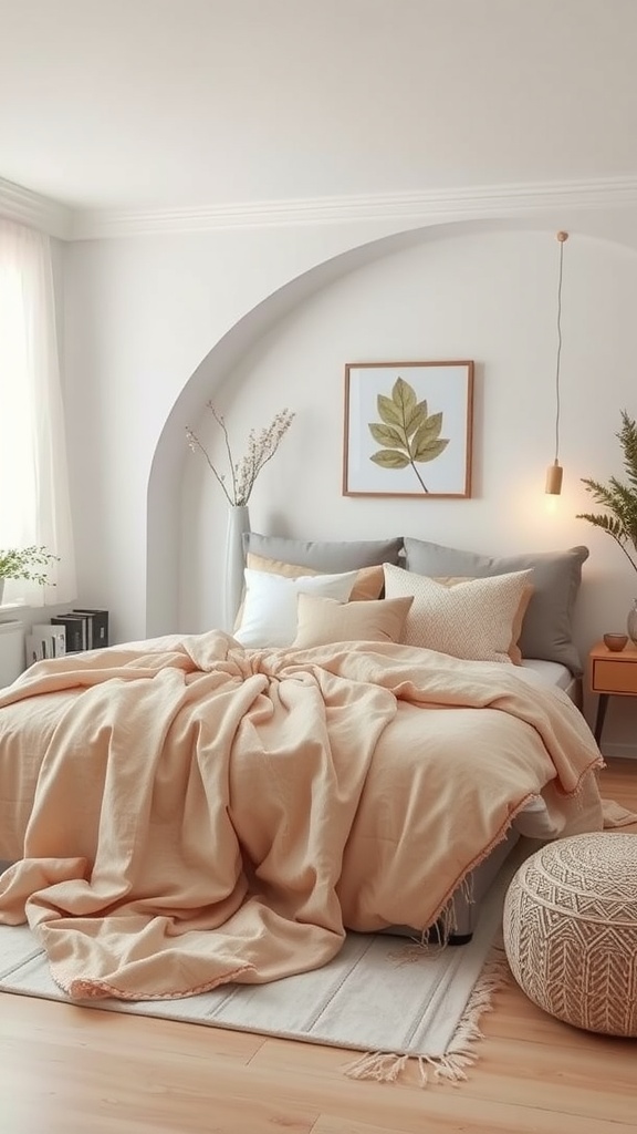 A cozy bedroom with a soft peach bedding, a pouf, and a plant decor.