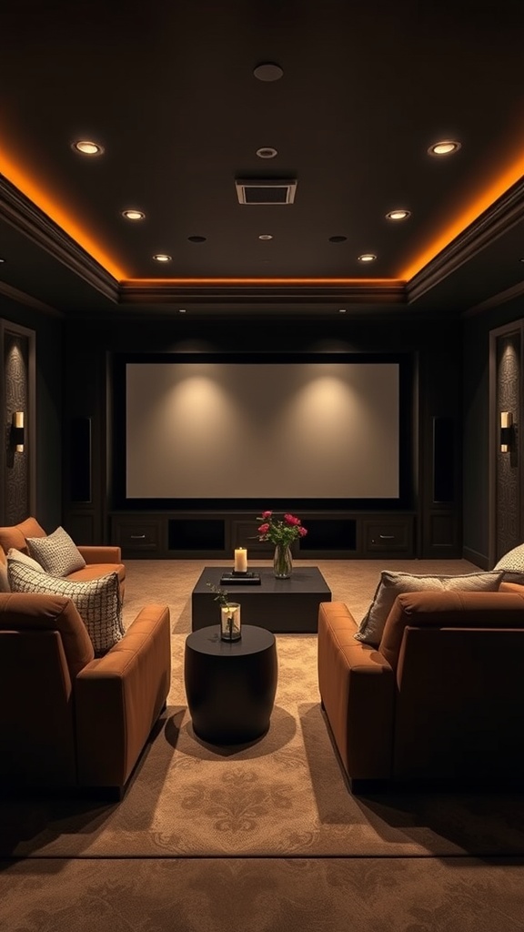 Cozy home theater with plush seating, a coffee table, and warm lighting.