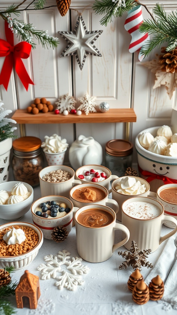 A cozy hot chocolate bar with various mugs of hot chocolate and toppings