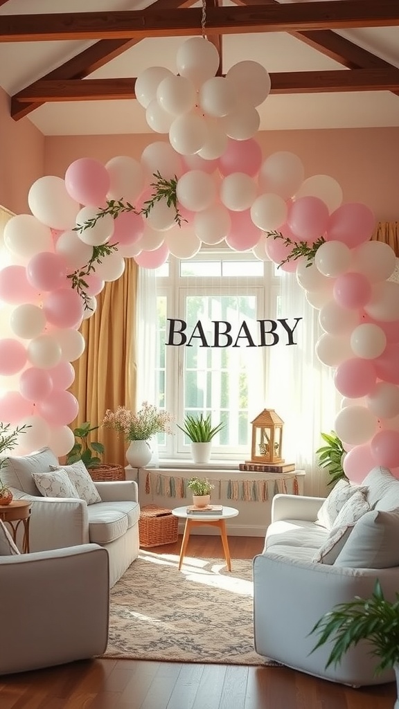 Indoor celebration with a pink and white balloon arch and cozy seating area