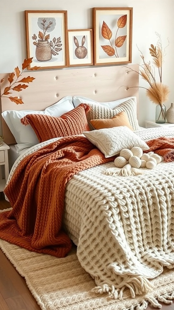 A cozy bedroom featuring knit blankets and throws in warm autumn colors.