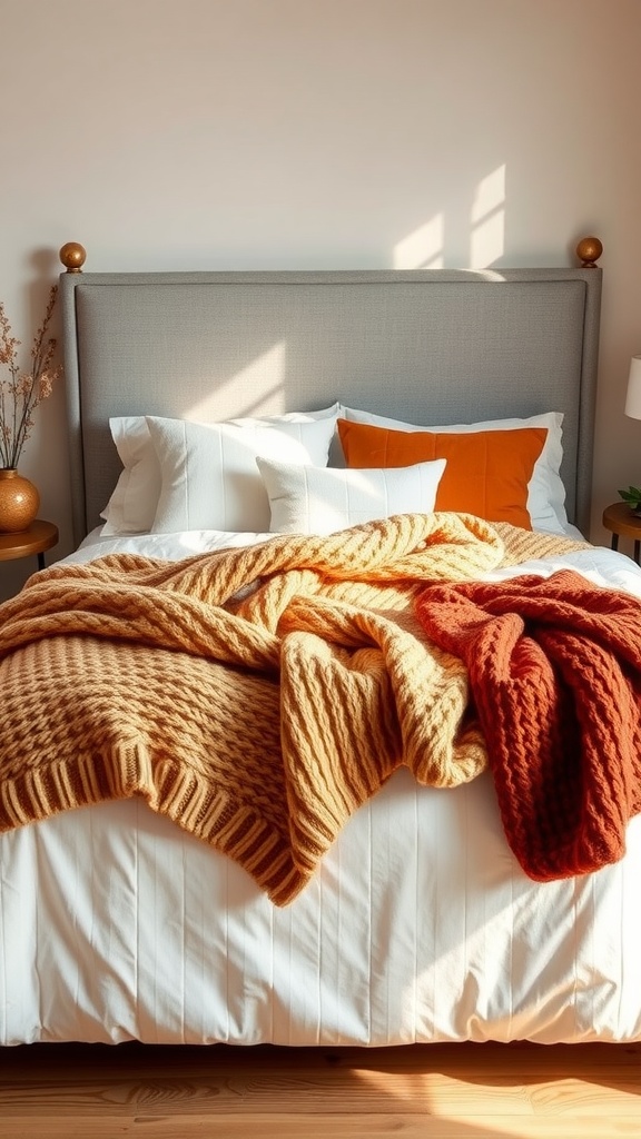 A bed adorned with cozy knit throws in warm colors, featuring white bedding and decorative pillows.