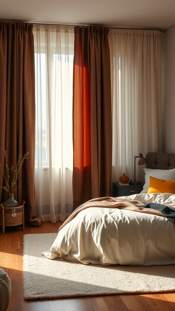 A cozy bedroom with layered curtains in brown and sheer fabrics, a neatly made bed, and warm lighting.