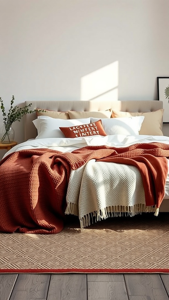 A cozy bedroom with layered blankets and pillows on a well-made bed.