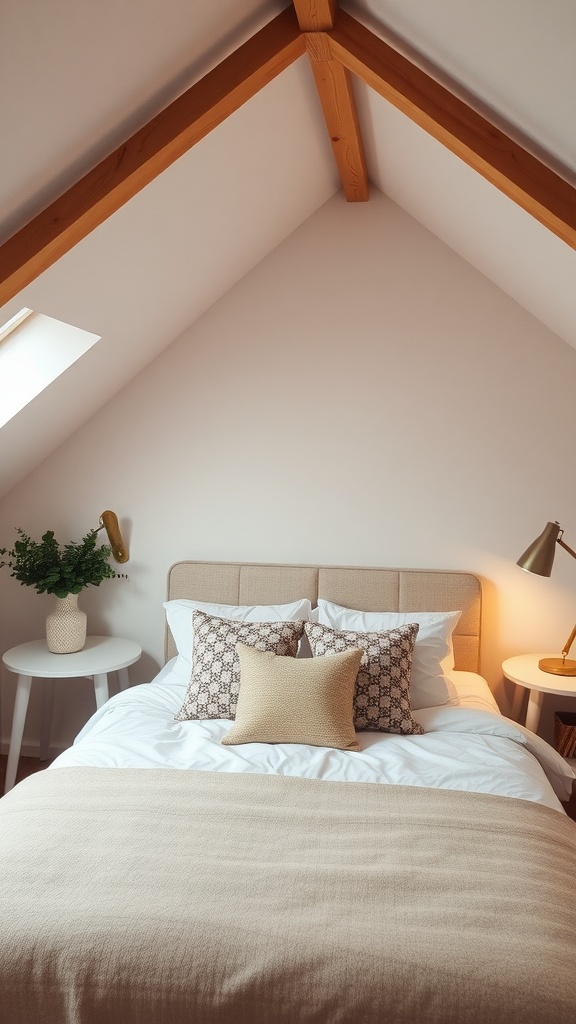 A cozy lofted sleeping area with a sloped ceiling, featuring a bed with pillows, a warm blanket, and a small side table with a plant.
