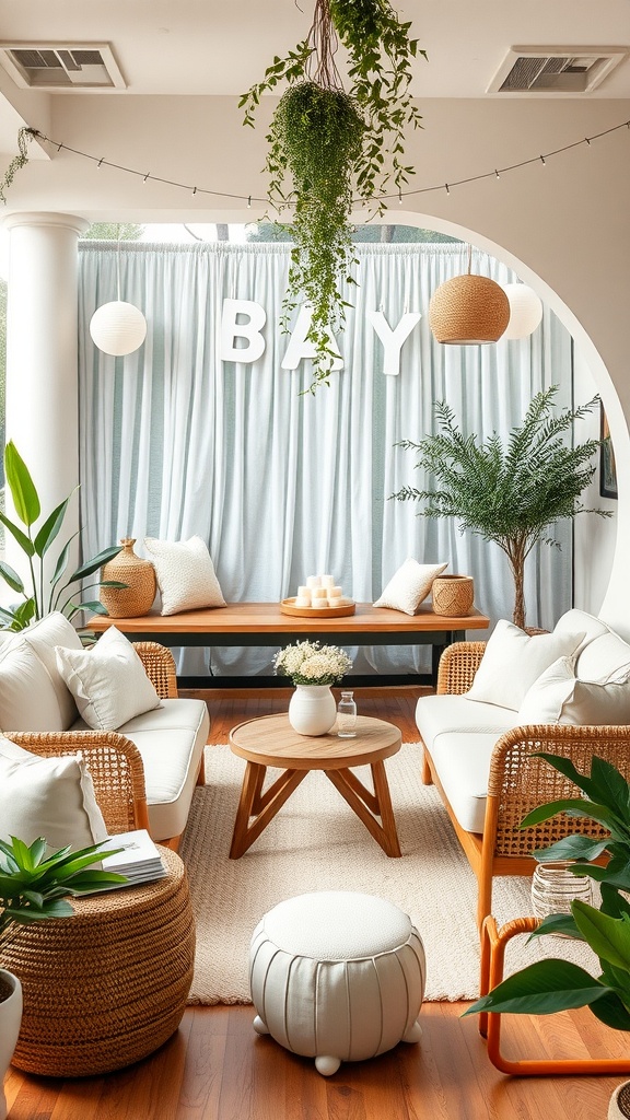 A cozy lounge area decorated for a baby shower with comfortable seating, plants, and soft lighting.