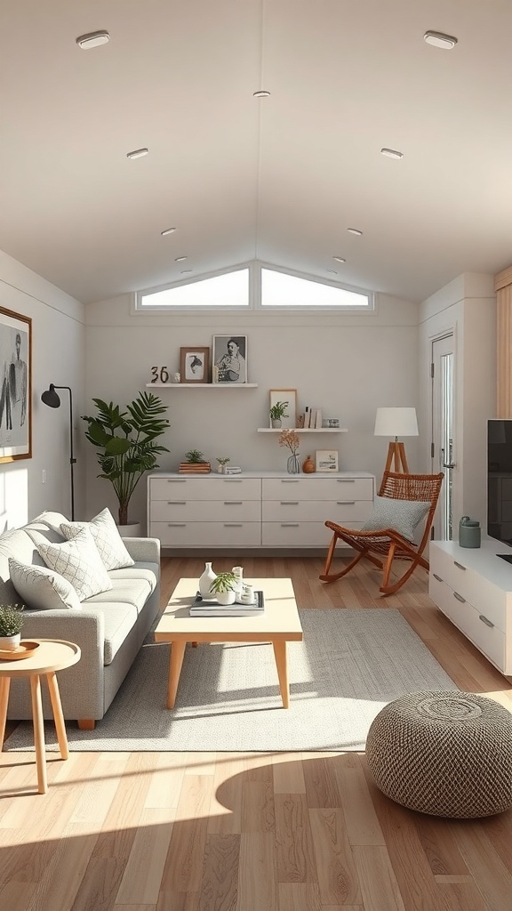 Cozy minimalist living room in a mobile home with gray sofa, wooden coffee table, and plants.