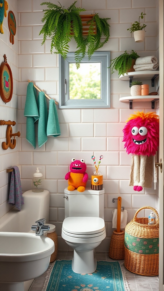 A colorful children's bathroom featuring monster plush toys, teal towels, and greenery.