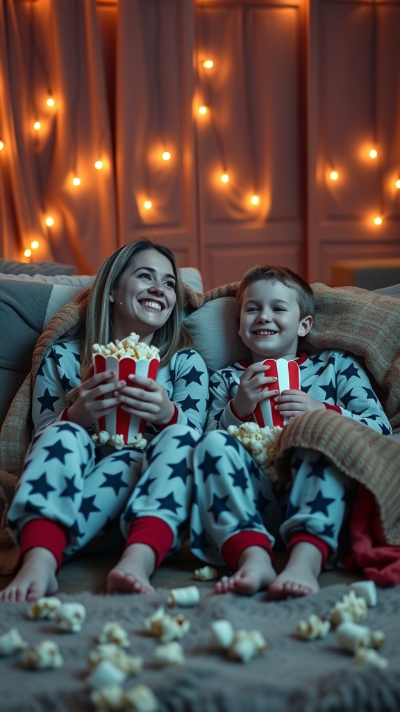 A mother and son enjoying a cozy movie night on the couch, both in matching star-patterned pajamas, smiling and holding popcorn.