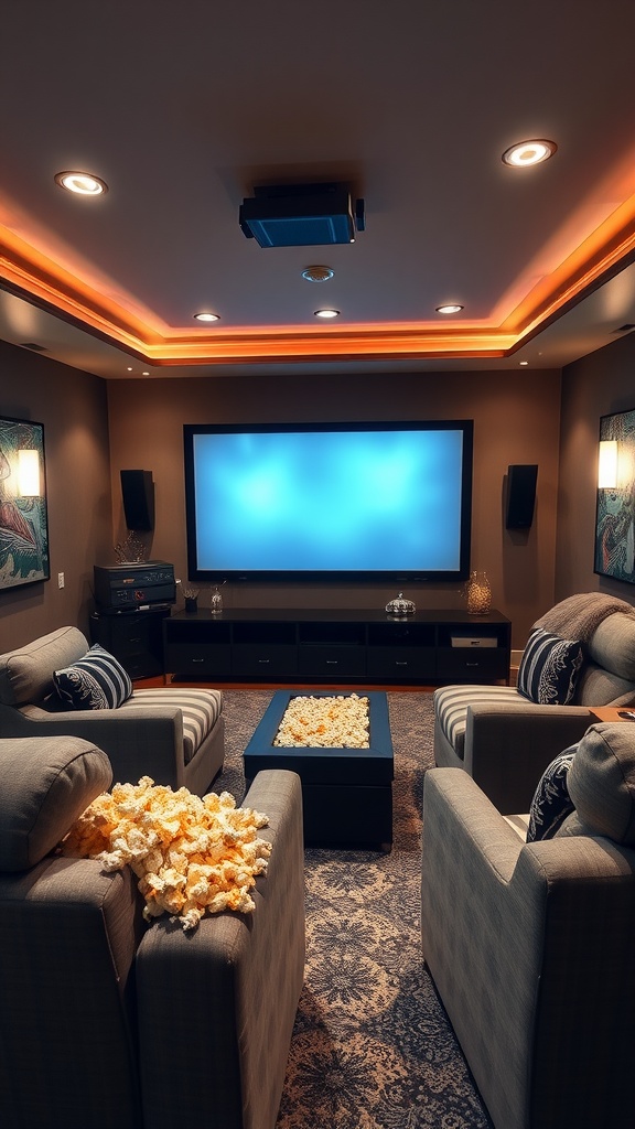 Cozy basement movie theater setup with popcorn and comfortable seating.