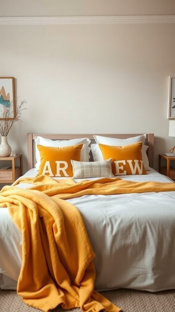 Cozy bedroom with mustard yellow accents, featuring pillows and a throw blanket.