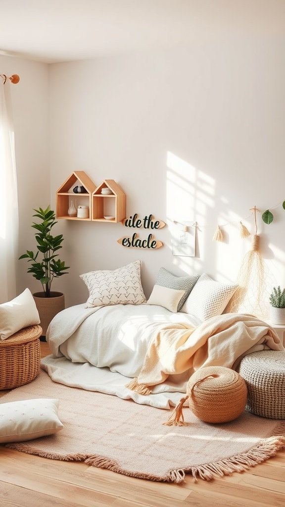 A cozy toddler nap space featuring a soft bed, cushions, and natural light.