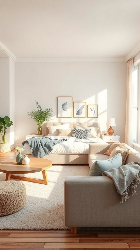 A cozy living room featuring neutral tones with a comfortable sofa, wooden coffee table, and decorative plants.