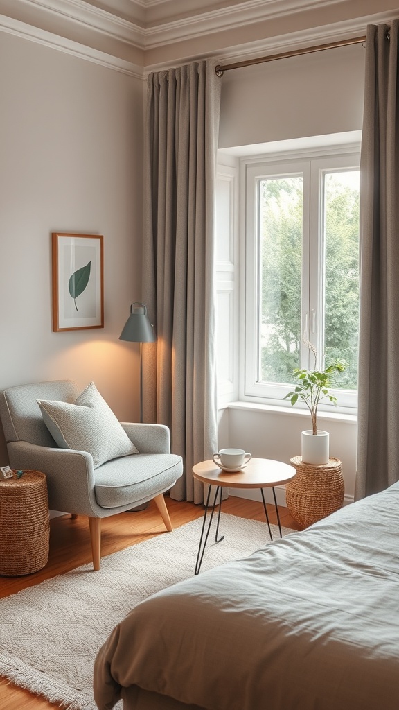 Cozy nook with a chair, table, and coffee cup by a window