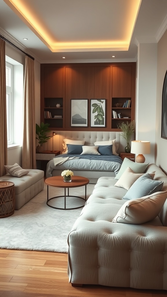 Cozy living room with soft sofas, wooden accents, and warm lighting.
