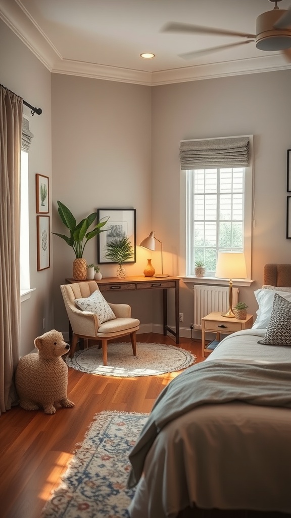 Cozy home office nook with a chair, desk, plants, and playful decor.