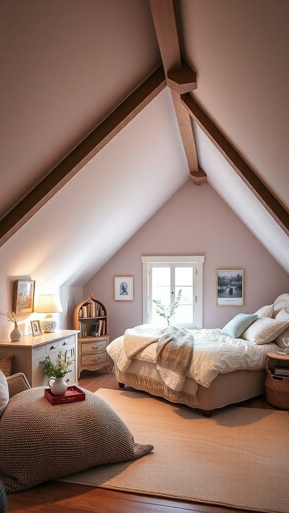 Cozy attic bedroom with angled ceilings, featuring a reading corner with a bean bag and a small side table.
