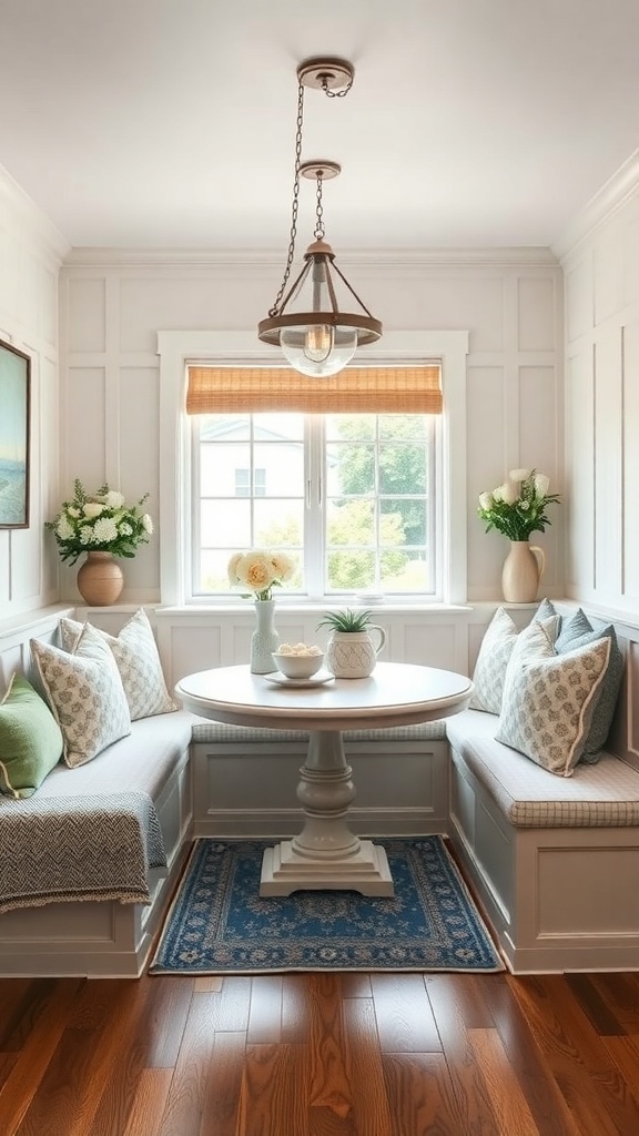 Cozy kitchen nook with built-in benches, round table, and natural light
