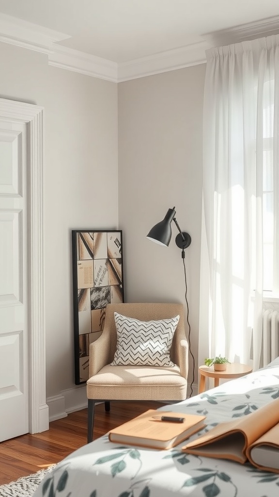 Cozy reading nook in a small bedroom with a chair, reading lights, and books on a side table.