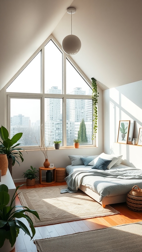 A cozy loft bedroom with large windows, a bed, and plants, creating a bright and inviting atmosphere.