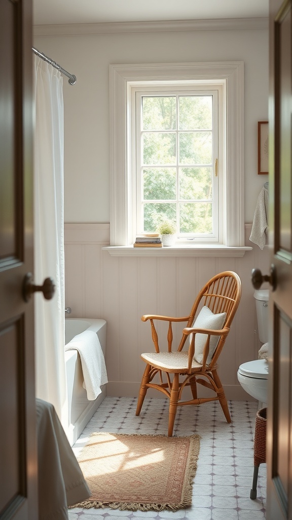 A cozy bathroom with a reading corner featuring a rattan chair, a window with natural light, and a small shelf with books.