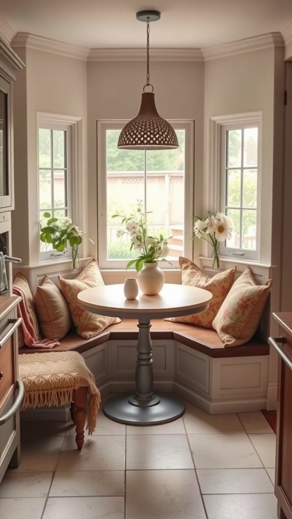 Cozy kitchen nook with cushioned seating, a round table, and natural light from windows.