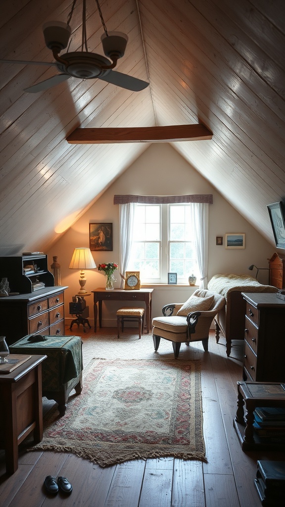 A cozy attic bedroom featuring vintage furniture, a comfortable chair, and a warm ambiance.