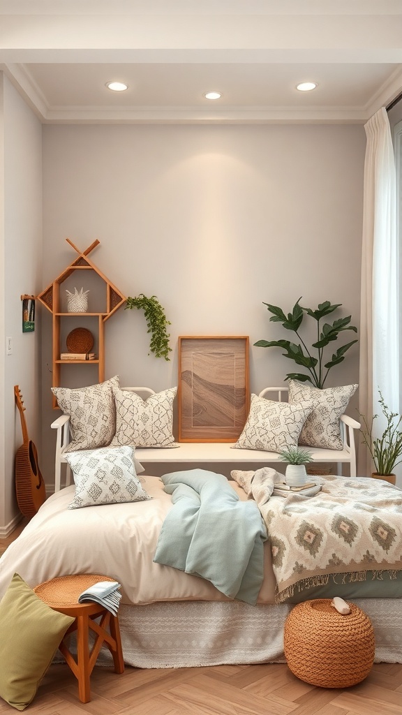 Cozy boho living room nook with a daybed, pillows, plants, and warm lighting.