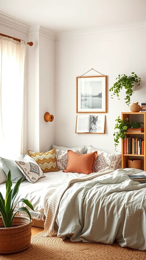 Cozy bohemian bedroom nook with a bed, colorful pillows, plants, and a bookshelf