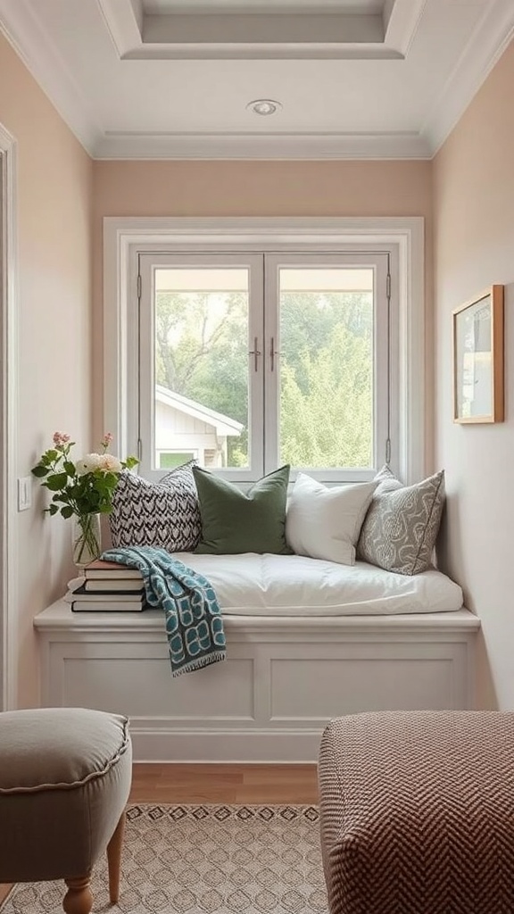 Cozy nook with built-in seating, cushions, and a window view