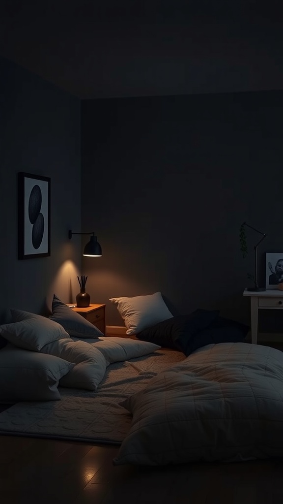 A cozy nook with floor cushions in a dark bedroom, featuring warm lighting and a relaxing atmosphere.