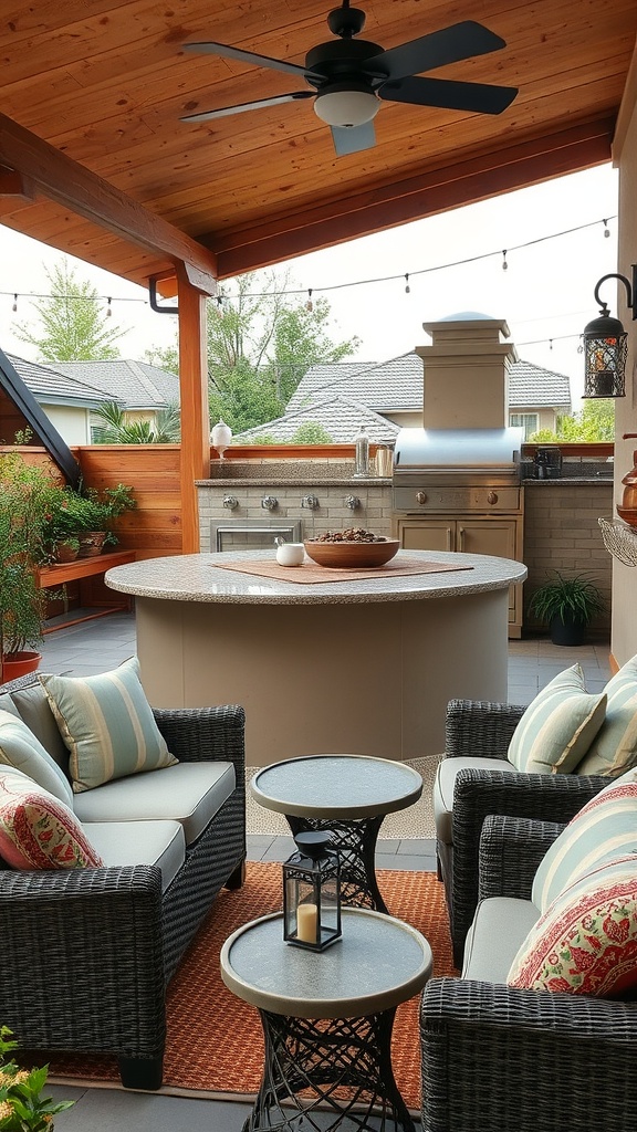 A cozy outdoor lounge area with comfortable seating, a round table, and a ceiling fan under a wooden roof.