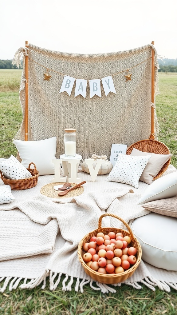 Cozy picnic setup with blankets, cushions, and a decorative backdrop for a baby shower.