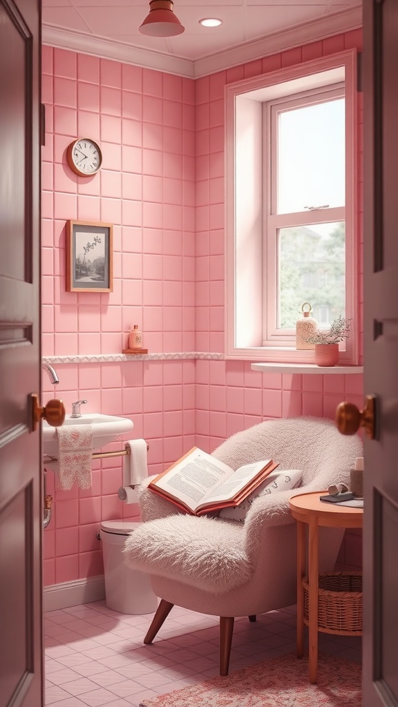 Cozy reading nook in a pink bathroom with fluffy chair, book, and natural light.