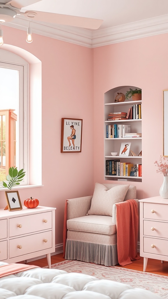 A cozy pink reading nook featuring a soft armchair, a small bookshelf, and light pink walls.