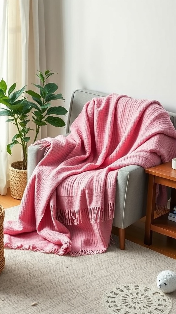 A pink throw blanket draped over a light grey sofa in a cozy living room setting.