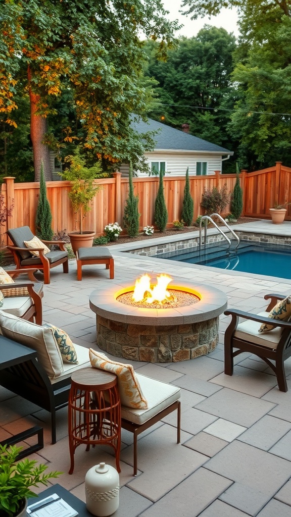 A cozy fire pit surrounded by seating next to a pool, with trees and greenery in the background.