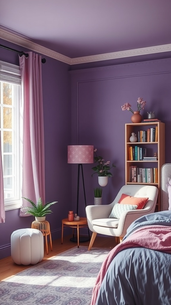 A cozy purple reading nook featuring a comfortable chair, a small side table with a plant, a lamp, and a bookshelf filled with books.