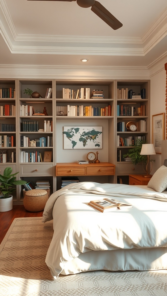 Cozy reading corner in a teen boy's bedroom with a bookshelf, comfortable chair, and warm lighting.