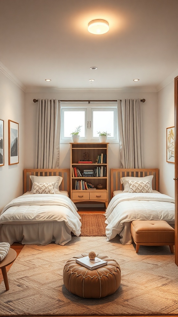 Cozy reading corner in a shared bedroom with twin beds and a bookshelf