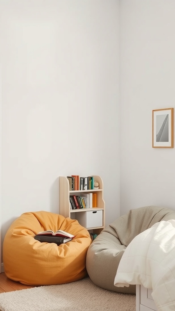 Cozy reading corner with two bean bags and a small bookshelf in a bright room.