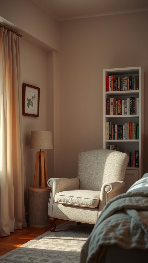 A cozy reading nook with a comfortable armchair, lamp, and bookshelf in a warm-colored bedroom.