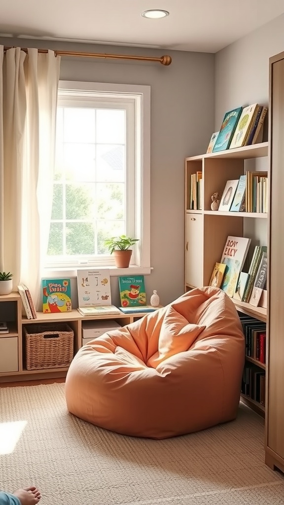 Cozy reading nook with a bean bag and bookshelves.